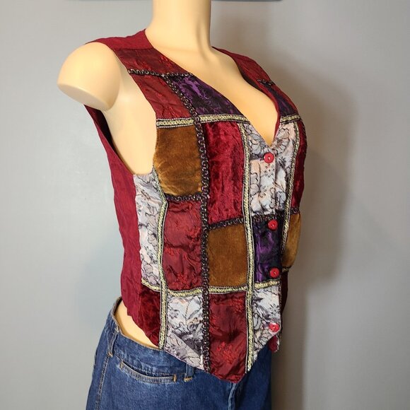 Vintage 90s Y2K Velvet Patchwork Vest Medium Jewel Tone Fairy Grunge Festival‎ - Picture 6 of 11